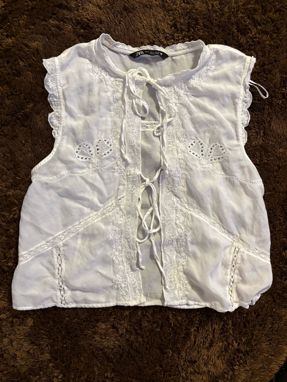 ZARA White Lace-Up Eyelet Cotton Top